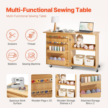Folding Sewing Table with Lockable Wheels Shelves Trays Door Wood Color.