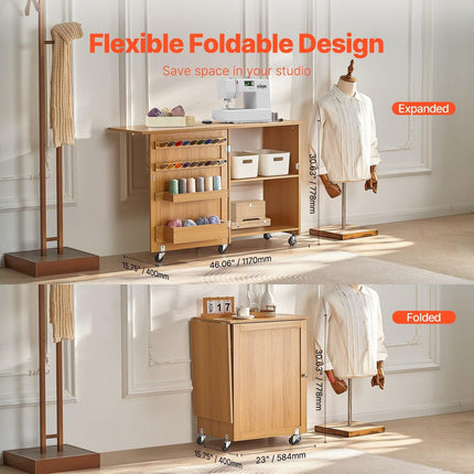 Folding Sewing Table with Lockable Wheels Shelves Trays Door Wood Color.