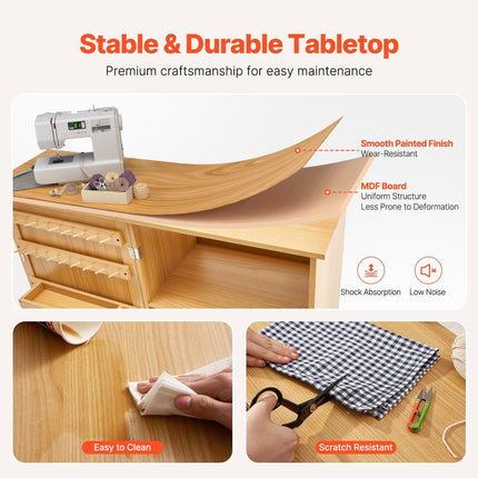 Folding Sewing Table with Lockable Wheels Shelves Trays Door Wood Color.