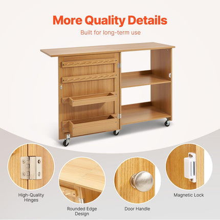 Folding Sewing Table with Lockable Wheels Shelves Trays Door Wood Color.