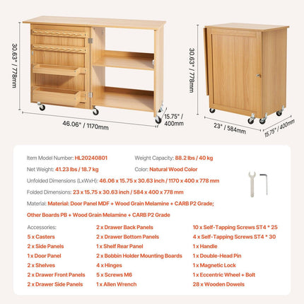 Folding Sewing Table with Lockable Wheels Shelves Trays Door Wood Color.