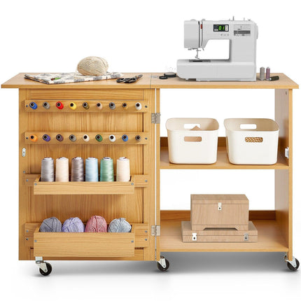 Folding Sewing Table with Lockable Wheels Shelves Trays Door Wood Color.