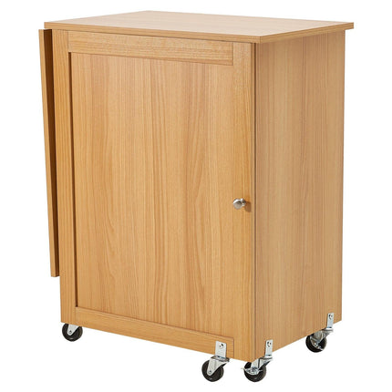Folding Sewing Table with Lockable Wheels Shelves Trays Door Wood Color.