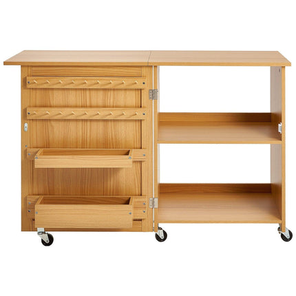 Folding Sewing Table with Lockable Wheels Shelves Trays Door Wood Color.
