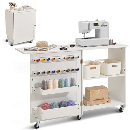 Folding Sewing Table with Lockable Wheels Storage Shelves Trays Door White.