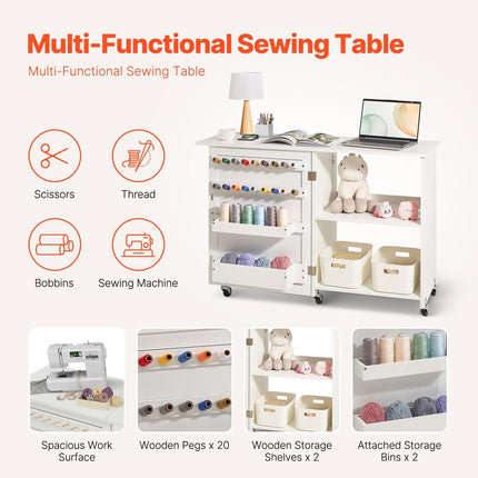 Folding Sewing Table with Lockable Wheels Storage Shelves Trays Door White.