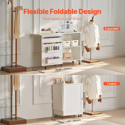 Folding Sewing Table with Lockable Wheels Storage Shelves Trays Door White.