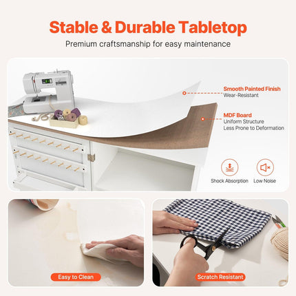 Folding Sewing Table with Lockable Wheels Storage Shelves Trays Door White.