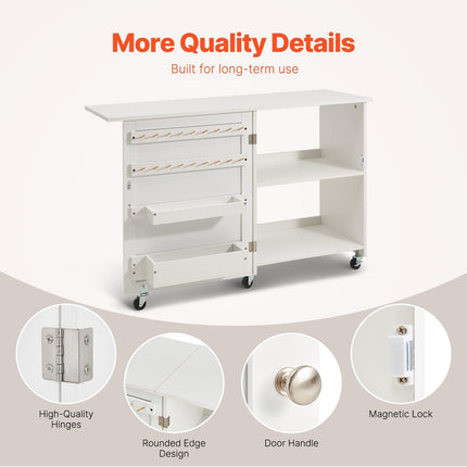 Folding Sewing Table with Lockable Wheels Storage Shelves Trays Door White.
