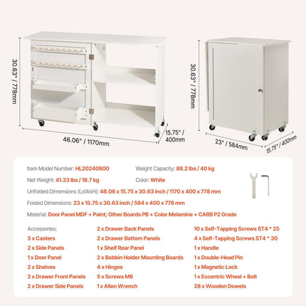 Folding Sewing Table with Lockable Wheels Storage Shelves Trays Door White.