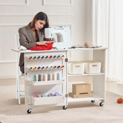 Folding Sewing Table with Lockable Wheels Storage Shelves Trays Door White.