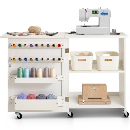 Folding Sewing Table with Lockable Wheels Storage Shelves Trays Door White.