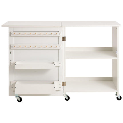 Folding Sewing Table with Lockable Wheels Storage Shelves Trays Door White.