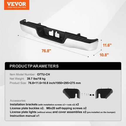 VEVOR Rear Step Bumper Chrome Steel Bumper Assembly for 2007-2013-Toyota Tundra.