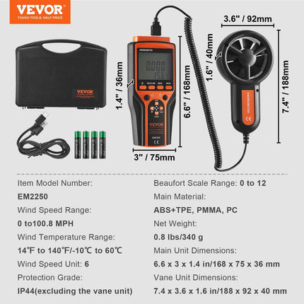Split Handheld Anemometer, Digital Wind Speed CFM Meter Gauge with LED Backlight Screen, Measures Wind Velocity Wind Temperature Air Flow Wind Chill, for Sailing Surfing Flying HVAC.