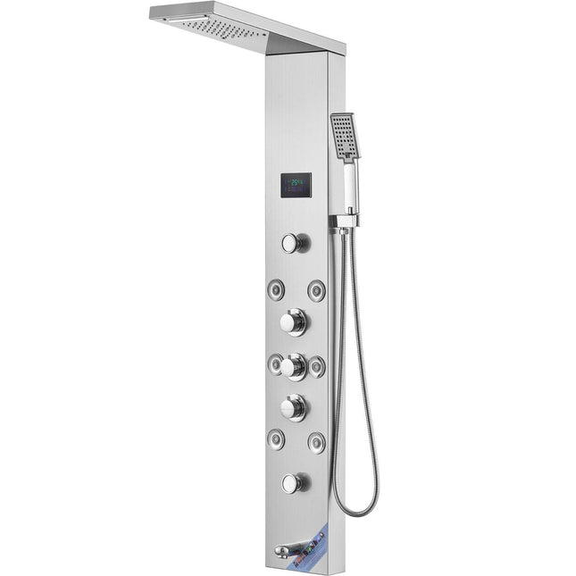 Shower Panel System, 6 Shower Modes, LED & Screen Hydroelectricity Shower Panel Tower, Rainfall, Waterfall, 8 Massage Jets, Tub Spout, Handheld Shower, Stainless Steel Wall-Mounted Shower Set.