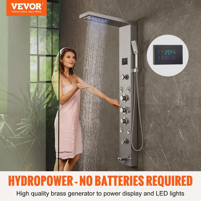 Shower Panel System, 6 Shower Modes, LED & Screen Hydroelectricity Shower Panel Tower, Rainfall, Waterfall, 8 Massage Jets, Tub Spout, Handheld Shower, Stainless Steel Wall-Mounted Shower Set.
