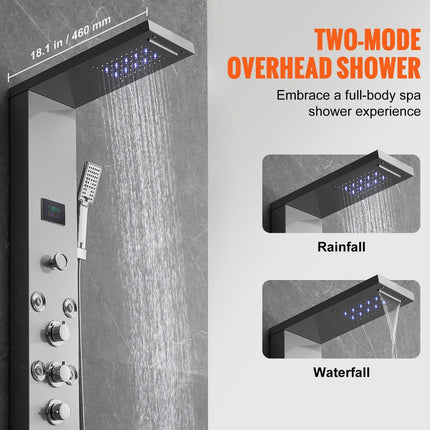 Shower Panel System, 6 Shower Modes, LED & Screen Hydroelectricity Shower Panel Tower, Rainfall, Waterfall, 8 Massage Jets, Tub Spout, Handheld Shower, Stainless Steel Wall-Mounted Shower Set.