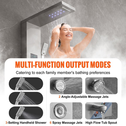 Shower Panel System, 6 Shower Modes, LED & Screen Hydroelectricity Shower Panel Tower, Rainfall, Waterfall, 8 Massage Jets, Tub Spout, Handheld Shower, Stainless Steel Wall-Mounted Shower Set.