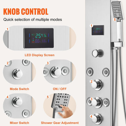 Shower Panel System, 6 Shower Modes, LED & Screen Hydroelectricity Shower Panel Tower, Rainfall, Waterfall, 8 Massage Jets, Tub Spout, Handheld Shower, Stainless Steel Wall-Mounted Shower Set.