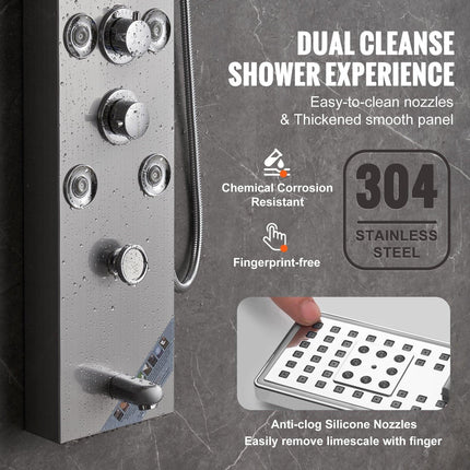 Shower Panel System, 6 Shower Modes, LED & Screen Hydroelectricity Shower Panel Tower, Rainfall, Waterfall, 8 Massage Jets, Tub Spout, Handheld Shower, Stainless Steel Wall-Mounted Shower Set.