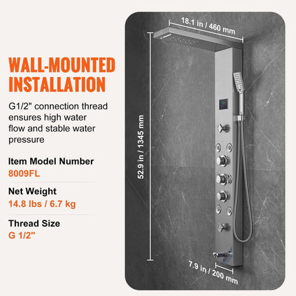 Shower Panel System, 6 Shower Modes, LED & Screen Hydroelectricity Shower Panel Tower, Rainfall, Waterfall, 8 Massage Jets, Tub Spout, Handheld Shower, Stainless Steel Wall-Mounted Shower Set.
