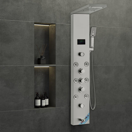 Shower Panel System, 6 Shower Modes, LED & Screen Hydroelectricity Shower Panel Tower, Rainfall, Waterfall, 8 Massage Jets, Tub Spout, Handheld Shower, Stainless Steel Wall-Mounted Shower Set.