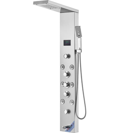 Shower Panel System, 6 Shower Modes, LED & Screen Hydroelectricity Shower Panel Tower, Rainfall, Waterfall, 8 Massage Jets, Tub Spout, Handheld Shower, Stainless Steel Wall-Mounted Shower Set.