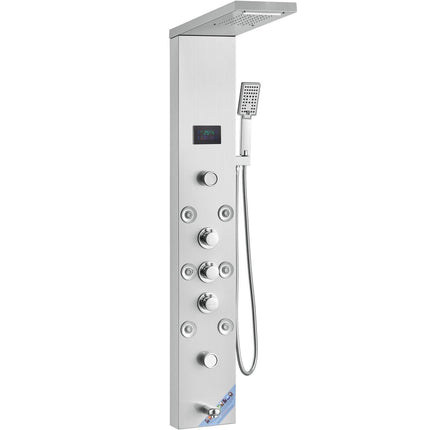 Shower Panel System, 6 Shower Modes, LED & Screen Hydroelectricity Shower Panel Tower, Rainfall, Waterfall, 8 Massage Jets, Tub Spout, Handheld Shower, Stainless Steel Wall-Mounted Shower Set.
