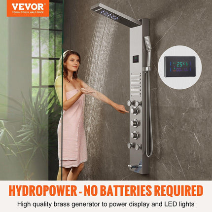 Shower Panel System, 6 Shower Modes, LED & Screen Hydroelectricity Shower Panel Tower, Rainfall, Waterfall, 5 Massage Jets, Tub Spout, Handheld Shower, Stainless Steel Wall-Mounted Shower Set.