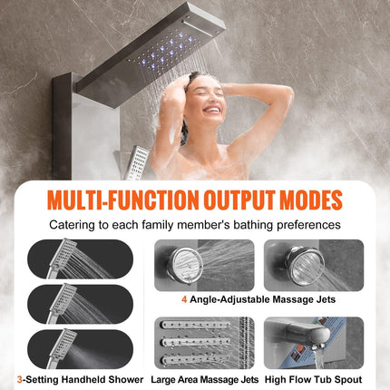 Shower Panel System, 6 Shower Modes, LED & Screen Hydroelectricity Shower Panel Tower, Rainfall, Waterfall, 5 Massage Jets, Tub Spout, Handheld Shower, Stainless Steel Wall-Mounted Shower Set.