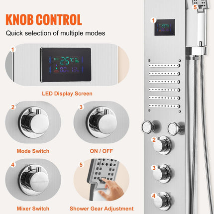 Shower Panel System, 6 Shower Modes, LED & Screen Hydroelectricity Shower Panel Tower, Rainfall, Waterfall, 5 Massage Jets, Tub Spout, Handheld Shower, Stainless Steel Wall-Mounted Shower Set.