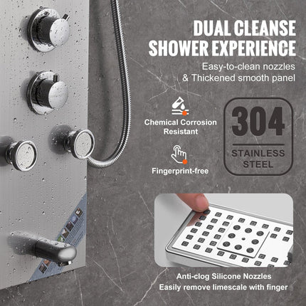 Shower Panel System, 6 Shower Modes, LED & Screen Hydroelectricity Shower Panel Tower, Rainfall, Waterfall, 5 Massage Jets, Tub Spout, Handheld Shower, Stainless Steel Wall-Mounted Shower Set.