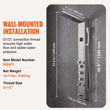 Shower Panel System, 6 Shower Modes, LED & Screen Hydroelectricity Shower Panel Tower, Rainfall, Waterfall, 5 Massage Jets, Tub Spout, Handheld Shower, Stainless Steel Wall-Mounted Shower Set.