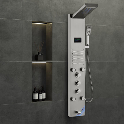 Shower Panel System, 6 Shower Modes, LED & Screen Hydroelectricity Shower Panel Tower, Rainfall, Waterfall, 5 Massage Jets, Tub Spout, Handheld Shower, Stainless Steel Wall-Mounted Shower Set.