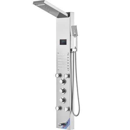 Shower Panel System, 6 Shower Modes, LED & Screen Hydroelectricity Shower Panel Tower, Rainfall, Waterfall, 5 Massage Jets, Tub Spout, Handheld Shower, Stainless Steel Wall-Mounted Shower Set.