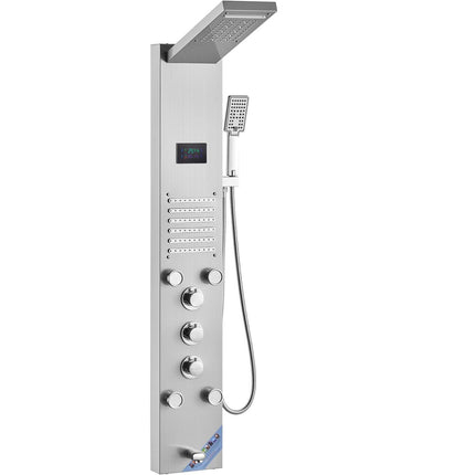Shower Panel System, 6 Shower Modes, LED & Screen Hydroelectricity Shower Panel Tower, Rainfall, Waterfall, 5 Massage Jets, Tub Spout, Handheld Shower, Stainless Steel Wall-Mounted Shower Set.