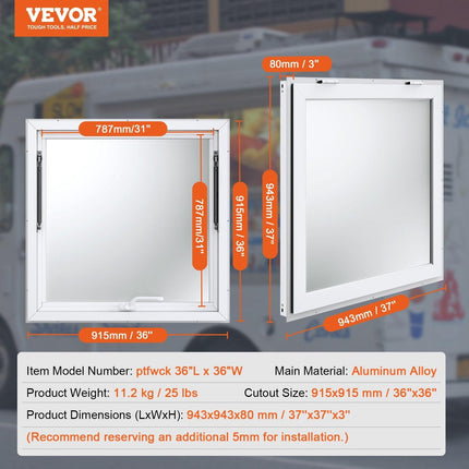 Concession Window 91x91cm, Aluminum Alloy Food Truck Service Window with Awning Door & Drag Hook, Up to 85 Degrees Stand Serving Window for Food Trucks Concession Trailers, Glass Not Included.