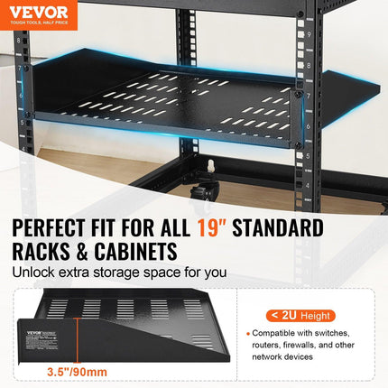 2U Server Rack Shelf 16"/406 mm Depth Vented Rack Mount Shelf with Tray.