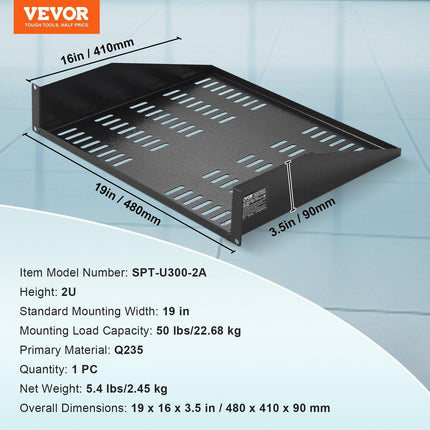 2U Server Rack Shelf 16"/406 mm Depth Vented Rack Mount Shelf with Tray.