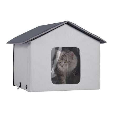Heated Cat House, Outdoor Kitty Shelter with Timer, 600D Oxford Cloth Foldable Cat Shelter with Heated Pad for Winter to Stay Warm and Cozy, Gray (Middle).