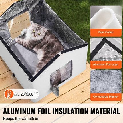 Heated Cat House, Outdoor Kitty Shelter with Timer, 600D Oxford Cloth Foldable Cat Shelter with Heated Pad for Winter to Stay Warm and Cozy, Gray (Middle).