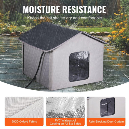 Heated Cat House, Outdoor Kitty Shelter with Timer, 600D Oxford Cloth Foldable Cat Shelter with Heated Pad for Winter to Stay Warm and Cozy, Gray (Middle).