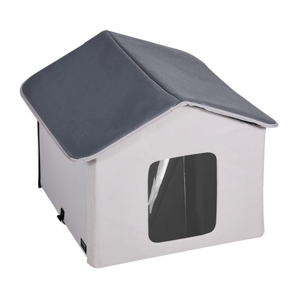 Heated Cat House, Outdoor Kitty Shelter with Timer, 600D Oxford Cloth Foldable Cat Shelter with Heated Pad for Winter to Stay Warm and Cozy, Gray (Middle).