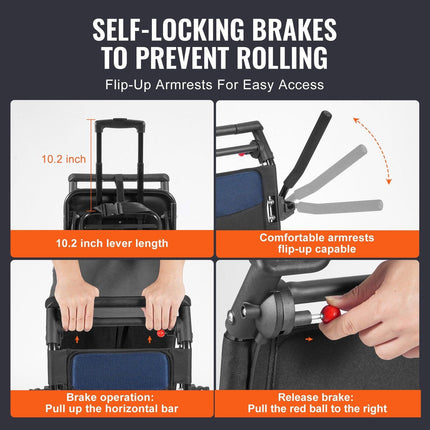 Wheelchair, Aluminum Alloy Ultra-Lightweight Transport Chair for Adults, Foldable Cabin Wheelchair with Flip-Back Desk-Length Arms, Self-locking Brake, 15.75-Inch Wide Seat, 220lbs Load.