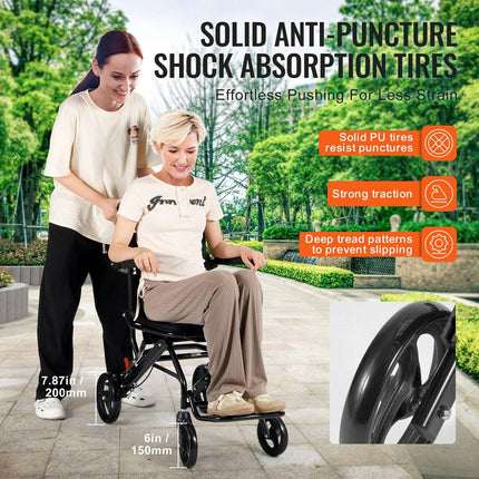 Wheelchair, Aluminum Alloy Ultra-Lightweight Transport Chair for Adults, Foldable Cabin Wheelchair with Flip-Back Desk-Length Arms, Self-locking Brake, 15.75-Inch Wide Seat, 220lbs Load.