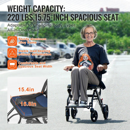 Wheelchair, Aluminum Alloy Ultra-Lightweight Transport Chair for Adults, Foldable Cabin Wheelchair with Flip-Back Desk-Length Arms, Self-locking Brake, 15.75-Inch Wide Seat, 220lbs Load.