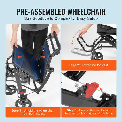 Wheelchair, Aluminum Alloy Ultra-Lightweight Transport Chair for Adults, Foldable Cabin Wheelchair with Flip-Back Desk-Length Arms, Self-locking Brake, 15.75-Inch Wide Seat, 220lbs Load.