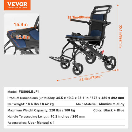 Wheelchair, Aluminum Alloy Ultra-Lightweight Transport Chair for Adults, Foldable Cabin Wheelchair with Flip-Back Desk-Length Arms, Self-locking Brake, 15.75-Inch Wide Seat, 220lbs Load.
