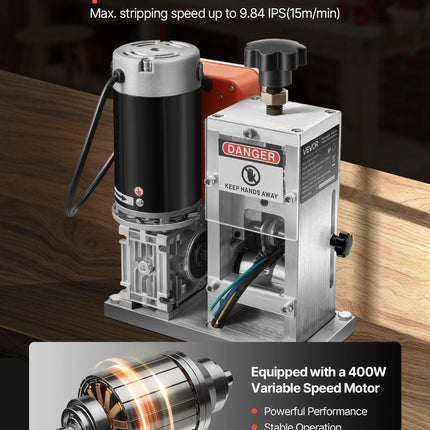 Electric Wire Stripping Machine, 1.5-40 mm, 400W Automatic Motorized Cable Stripper, 9.84 IPS (15 m/min) Wire Peeler with Alloy Blades, V-Shaped Rollers, Cooling Fan, for Scrap Copper Recycling.